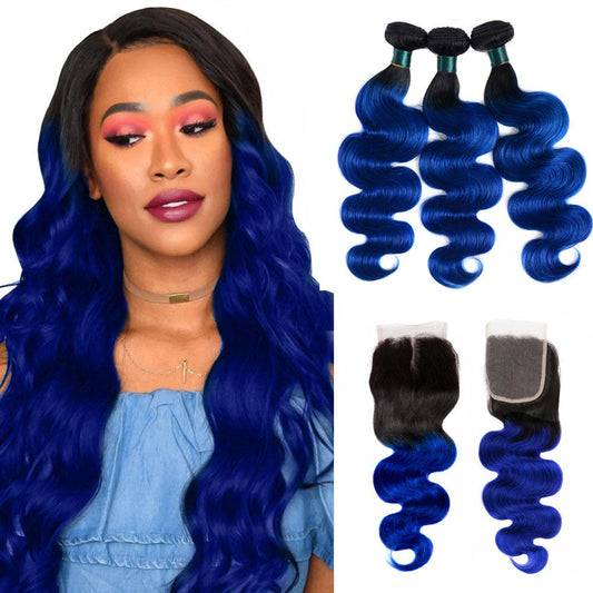 Royal Blue Ombre Bundles With Closure Remy Human Hair Electric Blue Hair Weave Dark Roots | SULMY.