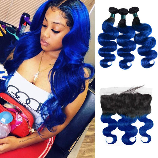 Royal Blue Ombre Bundles With Frontal Remy Human Hair Electric Blue Hair Weave Dark Roots | SULMY.