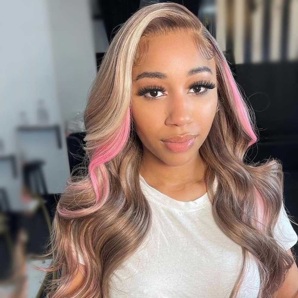 SULMY Brown Wig with Pink Highlights 100% Real Human Hair