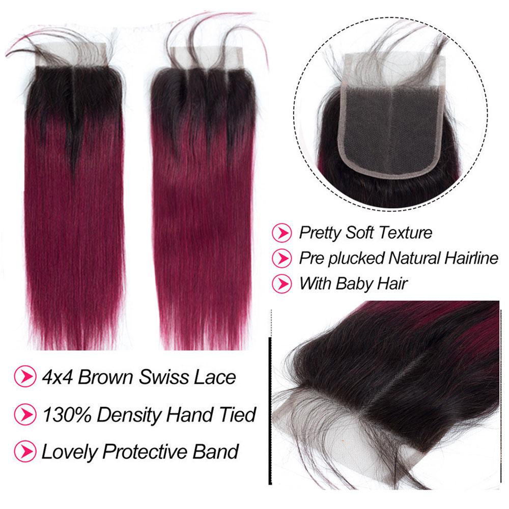 Burgundy Bundles With Closure Straight Dark Roots Dark Burgundy Weave | SULMY.