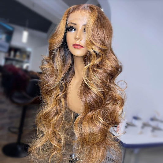 Caramel Blonde Money Piece Highlights Lace Front Wig 100% Real Human Hair Wavy Wigs