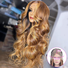 Caramel Blonde Money Piece Highlights Lace Front Wig 100% Real Human Hair Wavy Wigs
