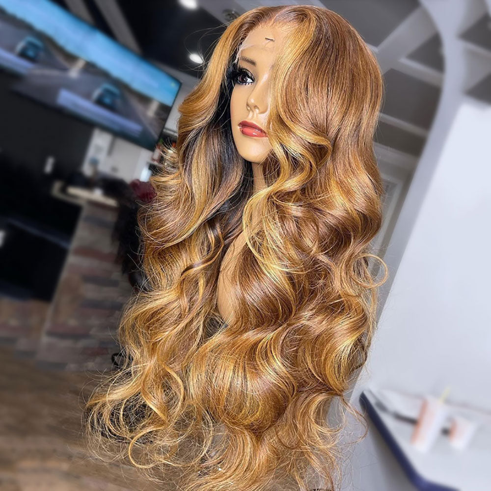 Caramel Blonde Money Piece Highlights Lace Front Wig 100% Real Human Hair Wavy Wigs