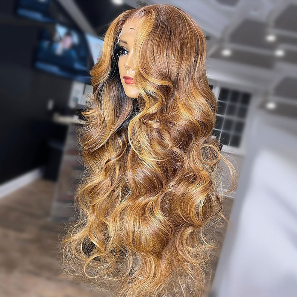 Caramel Blonde Money Piece Highlights Lace Front Wig 100% Real Human Hair Wavy Wigs
