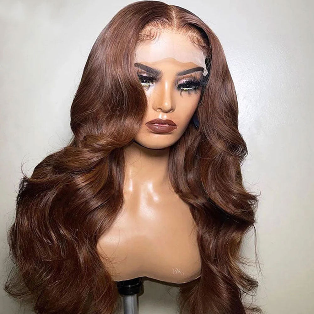 Chocolate Brown Wavy Lace Front Wig 100% Real Human Hair