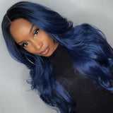 Dark Blue Long Human Hair Wig Lace Front Midnight Blue Wavy Wigs SULMY | SULMY.