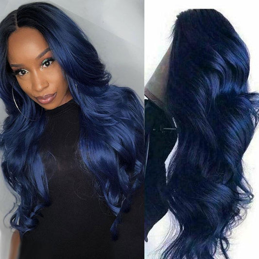 Dark Blue Long Human Hair Wig Lace Front Midnight Blue Wavy Wigs SULMY | SULMY.