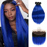 Dark Blue Bundles with Frontal Straight Dark Roots Electric Blue Remy Human Hair | SULMY.