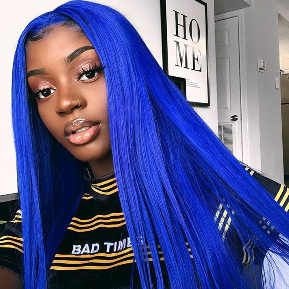 Electric Blue Lace Front Wig Long Human Hair Royal Blue Pre Colored Wigs SULMY | SULMY.