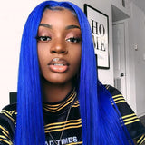 Electric Blue Lace Front Wig Long Human Hair Royal Blue Pre Colored Wigs SULMY | SULMY.
