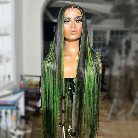 Green and Black Highlights Straight Wig 100% Real Human Hair Wig