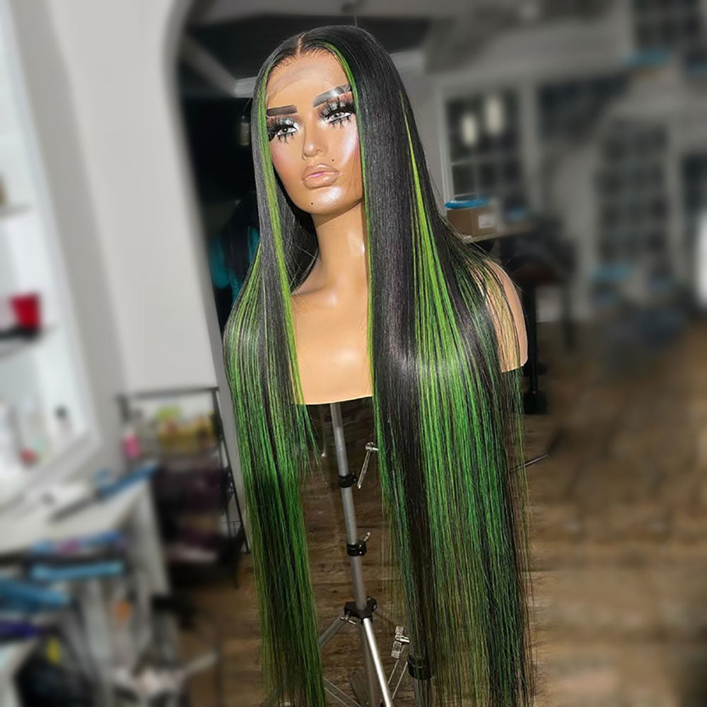 Green and Black Highlights Straight Wig 100% Real Human Hair Wig