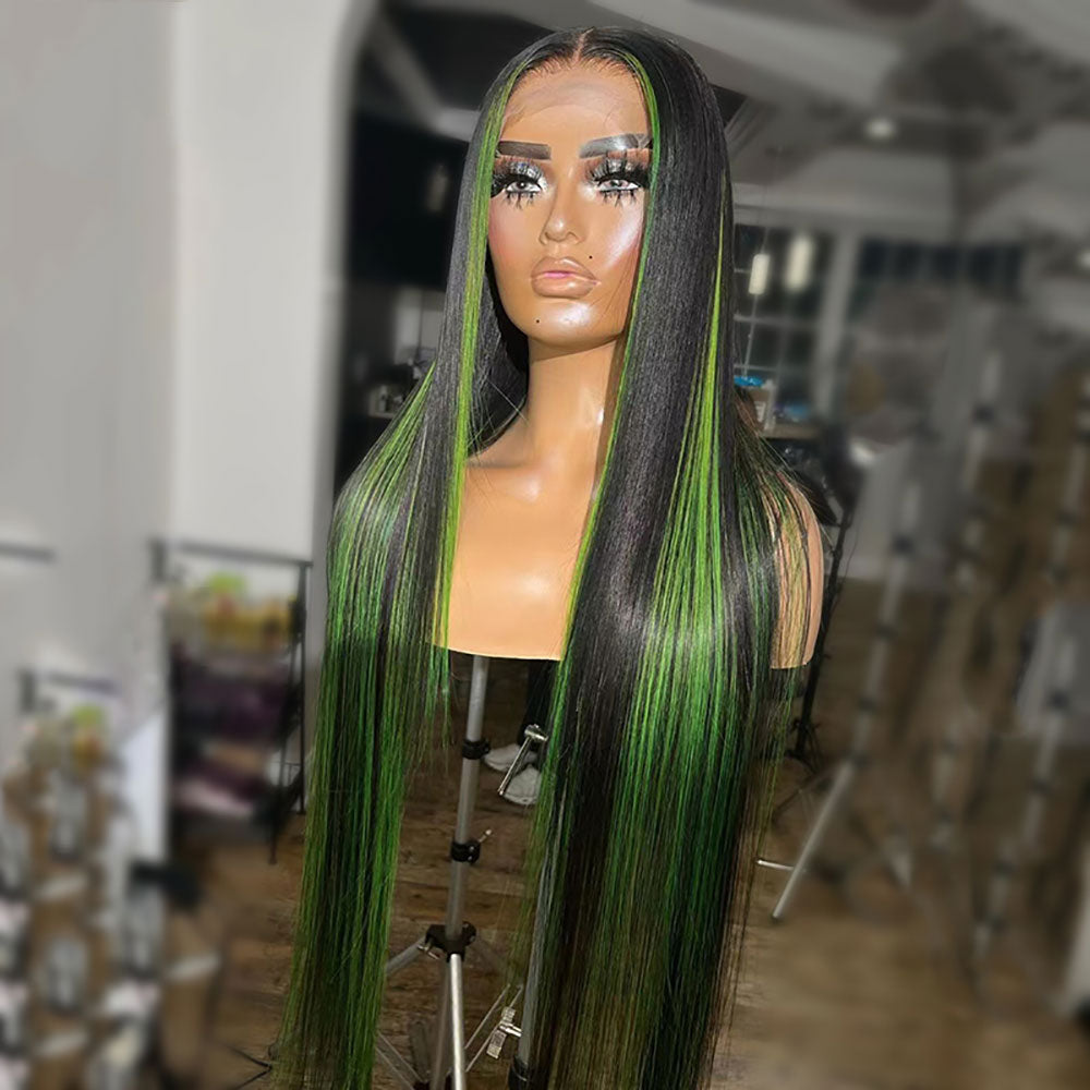 Green and Black Highlights Straight Wig 100% Real Human Hair Wig