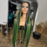 Green and Black Highlights Straight Wig 100% Real Human Hair Wig
