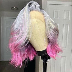 Ombre Silver Grey to Pink Short Human Hair Wig Blunt Cut Bob Wigs | SULMY.