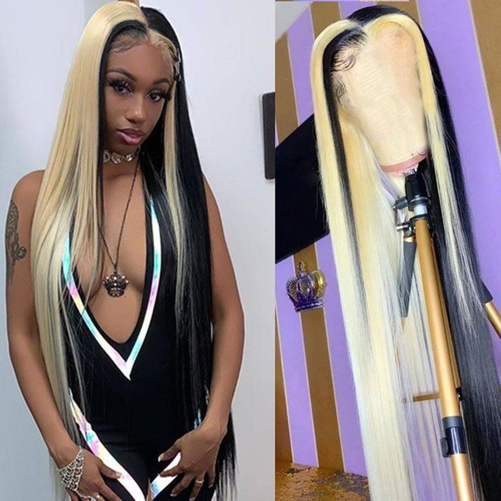 Bleach blonde streak in store front of hair