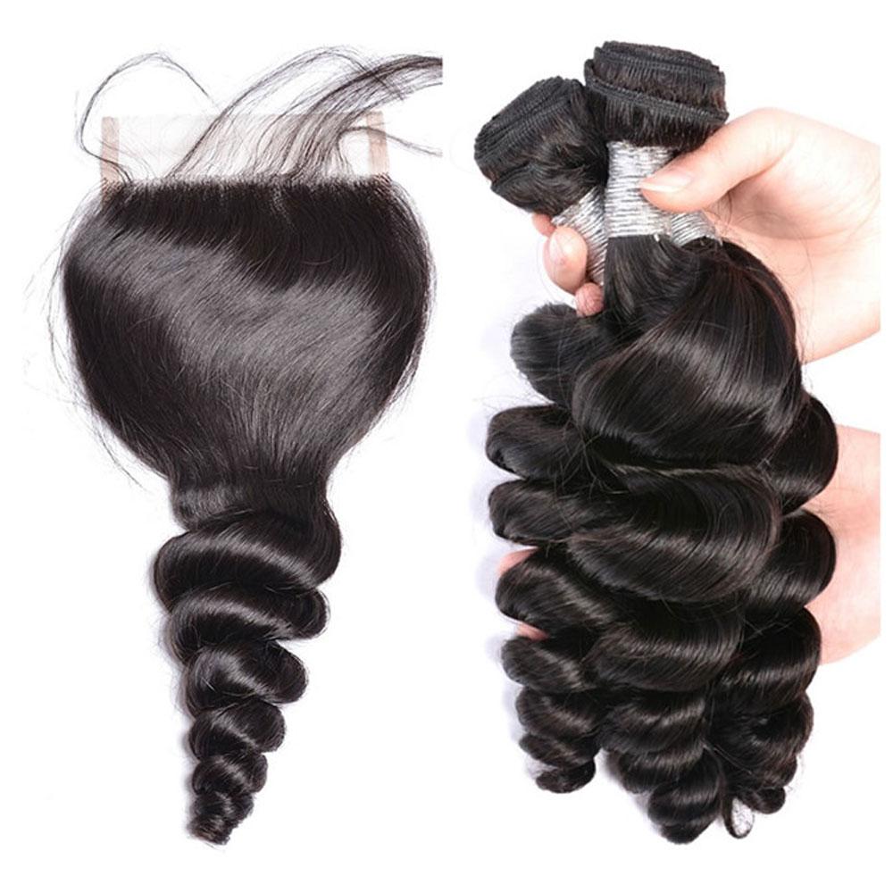 Bundles with Closure Loose Wave Brazilian Virgin Human Hair Weave Bundles 3+1 | SULMY.