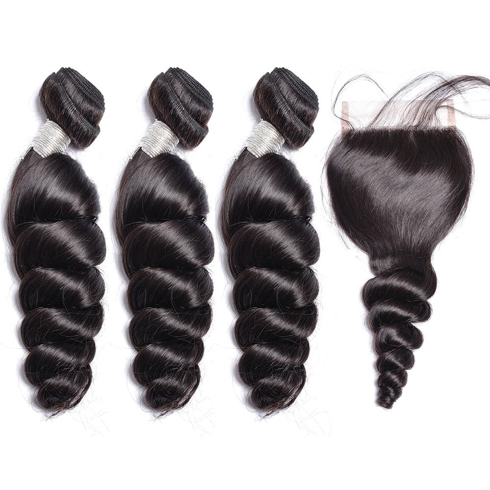 Bundles with Closure Loose Wave Brazilian Virgin Human Hair Weave Bundles 3+1 | SULMY.