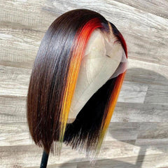 Natural Black with Ombre Orange Highlight Bob Wig Blunt Cut Lace Front Wig | SULMY.