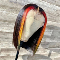 Natural Black with Ombre Orange Highlight Bob Wig Blunt Cut Lace Front Wig | SULMY.