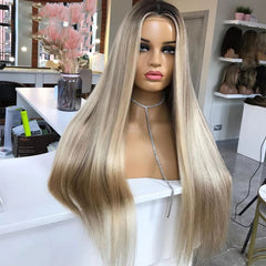 Ombre Ash Blonde Human Hair Wig Ash Blonde Lace Front Wig with Dark Roots