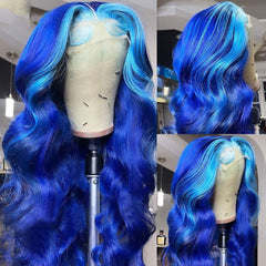 Ombre Blue Lace Front Wig 100% Real Human Hair Wavy Wigs