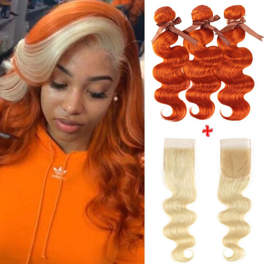 Orange Hair Weave Bundles With Blonde Closure Streaks In Front | SULMY.