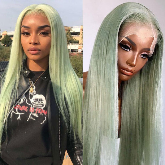 SULMY Pastel Green Colored Human Hair Wigs