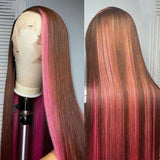 Pink Highlights on Dark Brown Hair Wigs 100% Human Hair