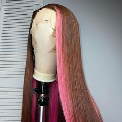 Pink Highlights on Dark Brown Hair Lace Front Wig 100% Human Hair Wigs