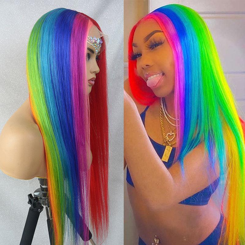 Rainbow Multi Colored Human Hair Wigs Unicorn Lace Front Wig