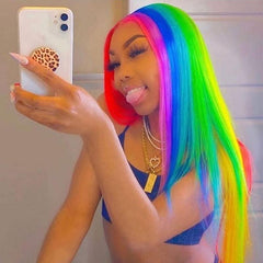Rainbow Multi Colored Human Hair Wigs Unicorn Lace Front Wig