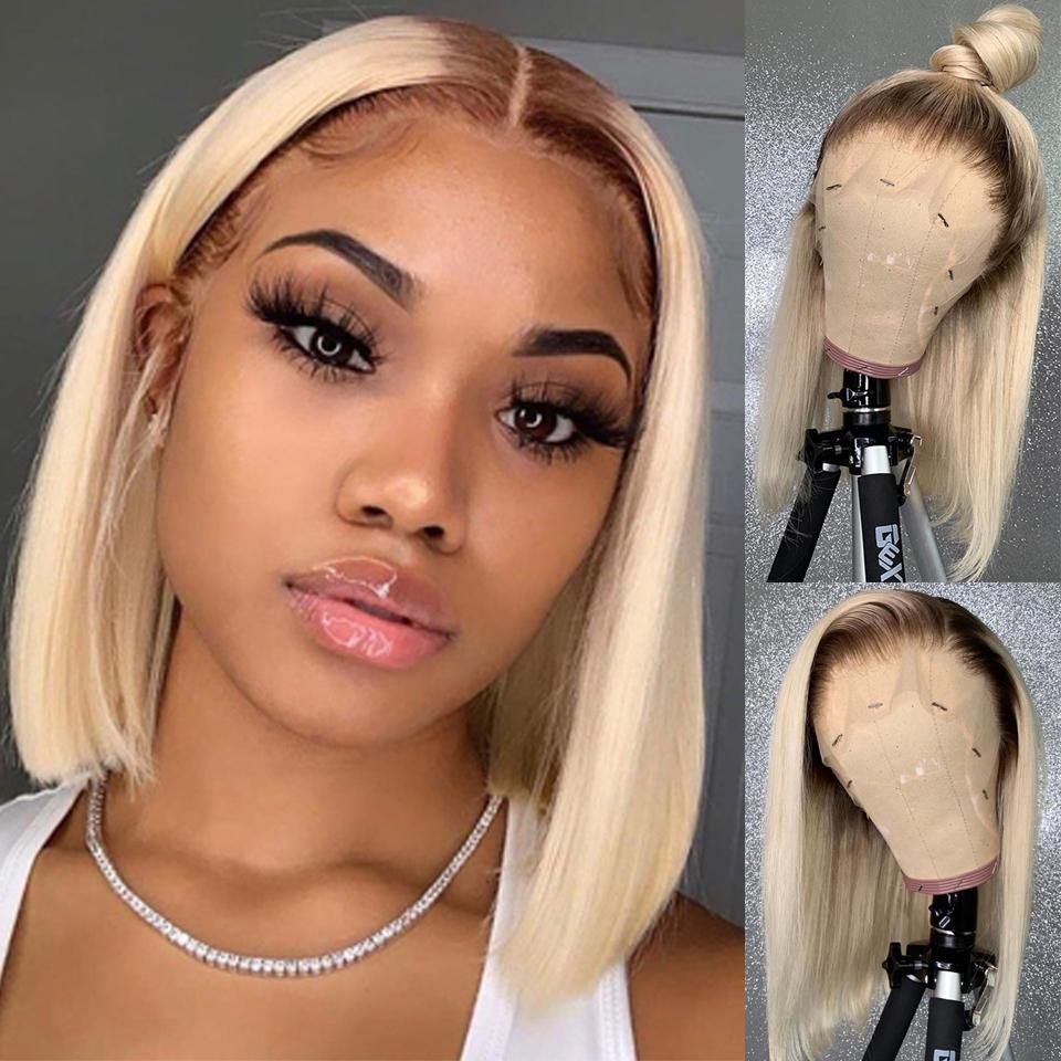 #4 Dark Brown Root/613 Honey Blonde Bob Wig Short Transparent Lace Front Human Hair Wig | SULMY.