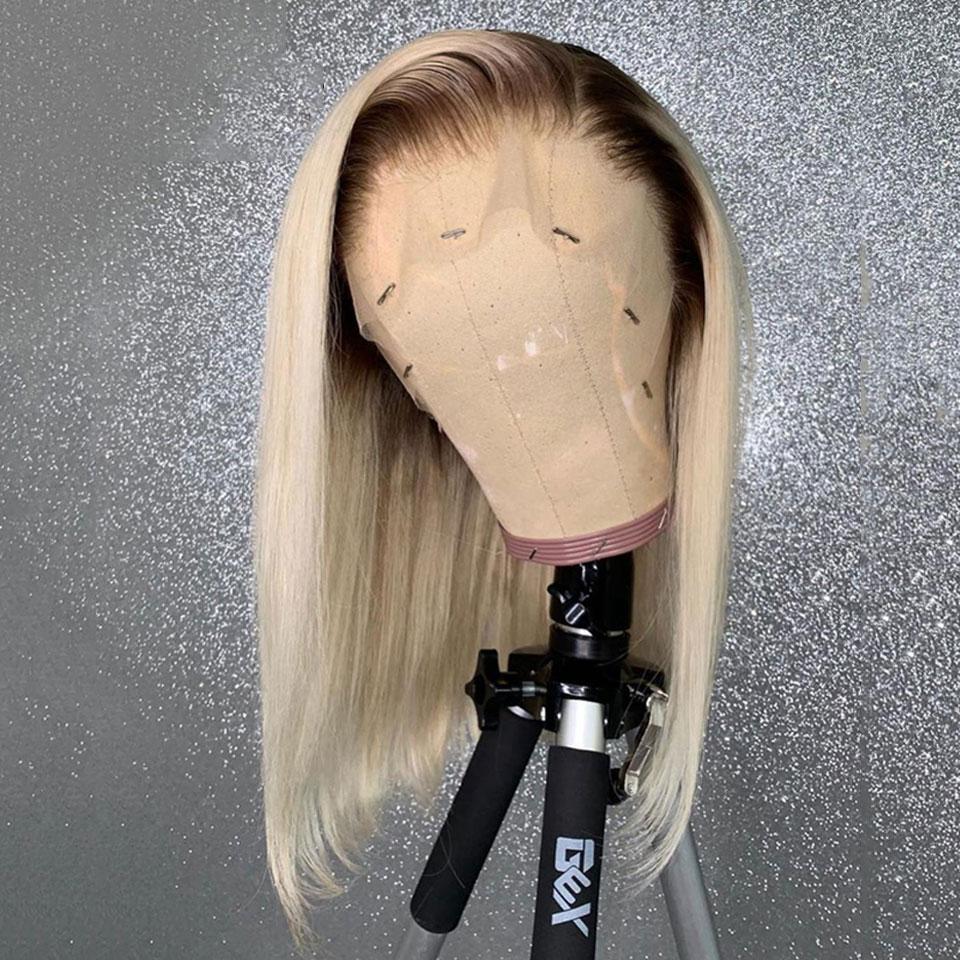 #4 Dark Brown Root/613 Honey Blonde Bob Wig Short Transparent Lace Front Human Hair Wig | SULMY.