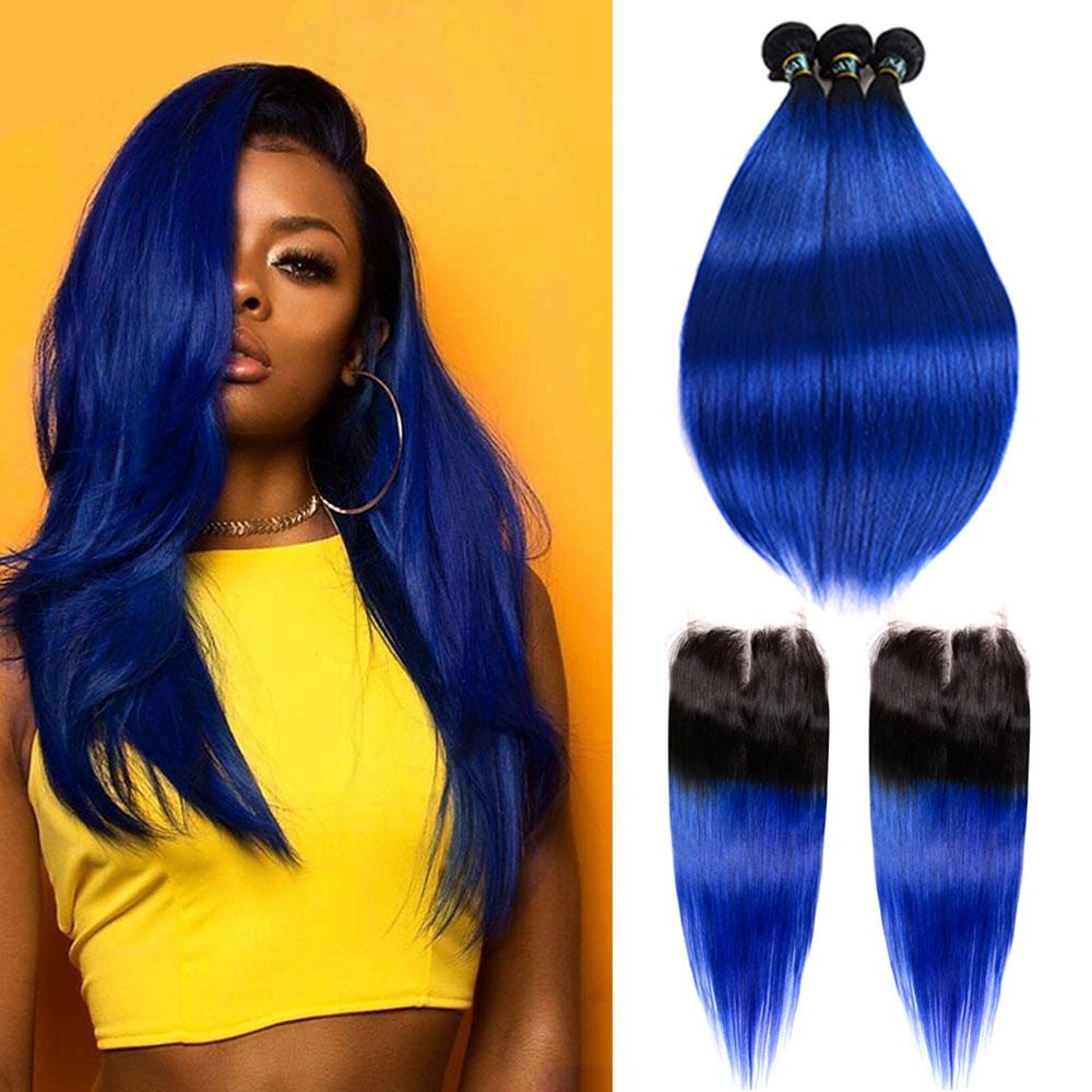 Royal Blue Ombre Weave Bundles With Closure Straight Pre Colored Remy Human Hair | SULMY.