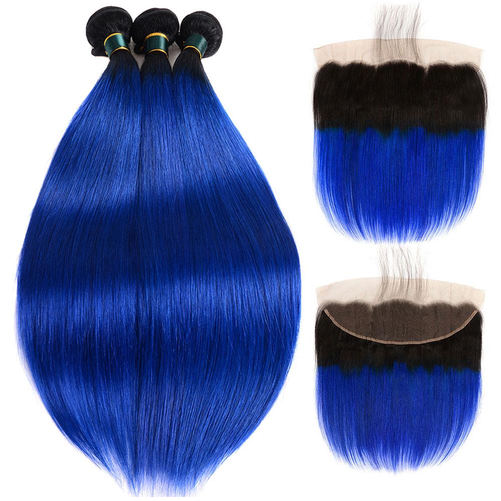 Dark Blue Bundles with Frontal Straight Dark Roots Electric Blue Remy Human Hair | SULMY.