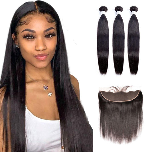 Bundles with Frontal Silky Straight Brazilian Virgin Human Hair Weave Bundles 3+1 | SULMY.