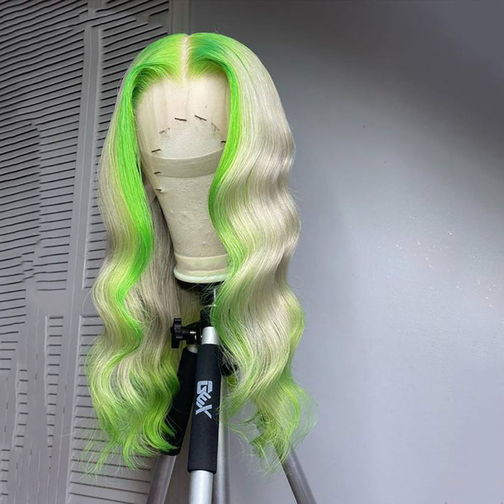 SULMY Blonde Hair With Lime Green Highlights Wigs 100% Human Hair