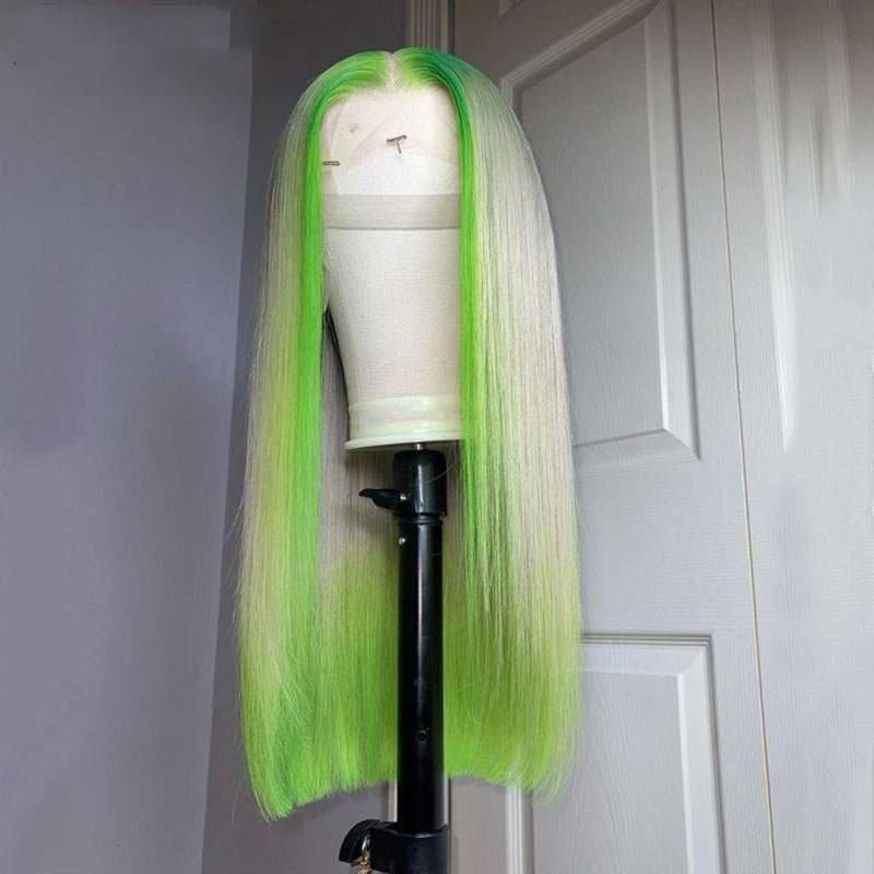 SULMY Blonde Hair With Lime Green Highlights Wigs 100% Human Hair