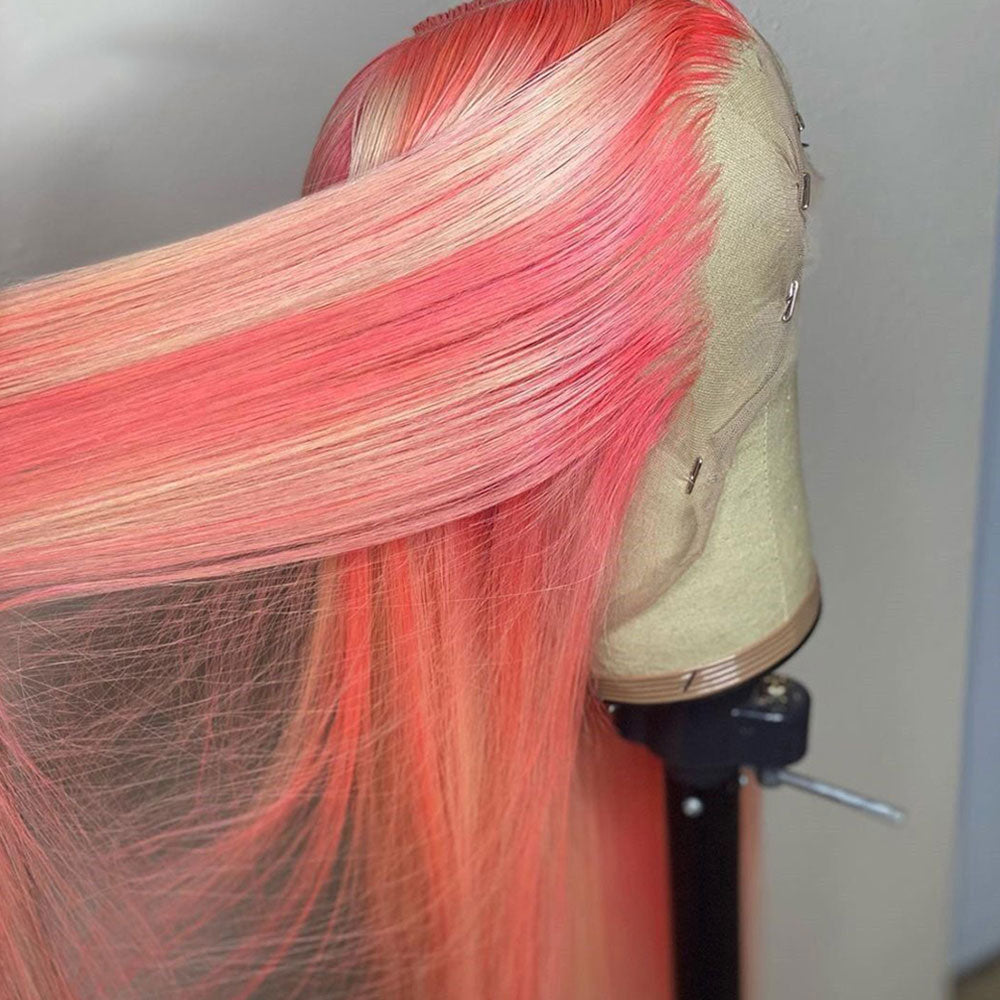 SULMY Blonde Hair With Pink Highlights Wigs 100% Human Hair