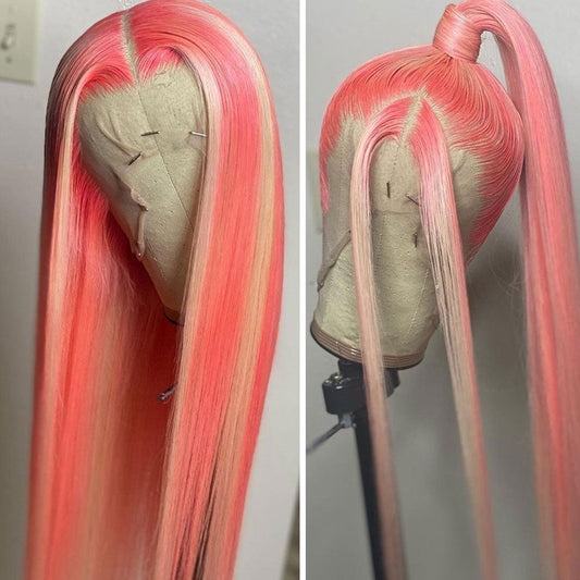 SULMY Blonde Hair With Pink Highlights Wigs 100% Human Hair