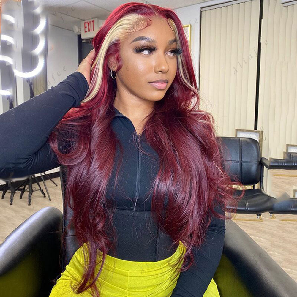 Burgundy Human Hair Wigs With Blonde Money Piece SULMY