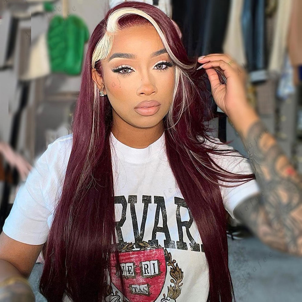 SULMY Burgundy Human Hair Wigs With Blonde Money Piece