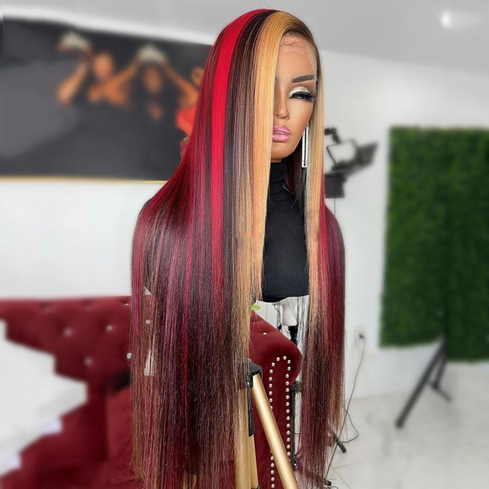 SULMY Burgundy Red With Blonde Highlights Wigs 100% Human Hair
