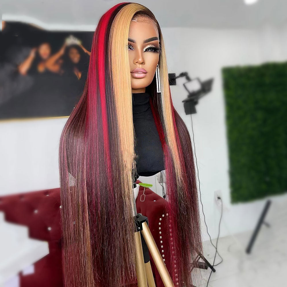 SULMY Burgundy Red With Blonde Highlights Wigs 100% Human Hair