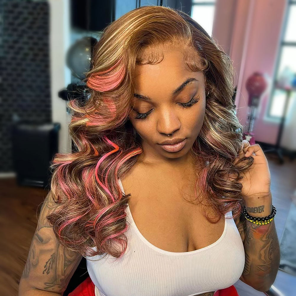 SULMY Dirty Blonde Hair With Pink Highlights Wigs 100% Human Hair