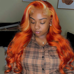 SULMY Orange Human Hair Wig With Blonde Highlights