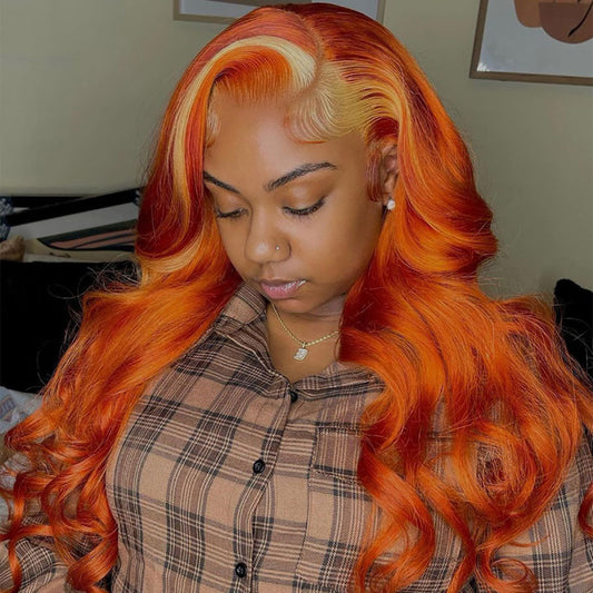 SULMY Orange Human Hair Wig With Blonde Highlights