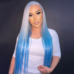 SULMY Silver Gray Human Hair Wig With Blue Underneath