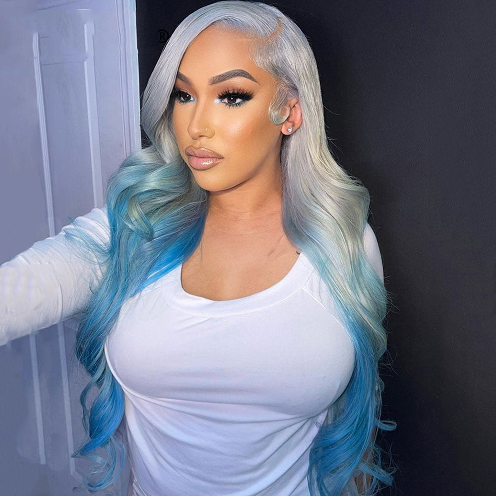 Silver Gray Human Hair Wig With Blue Underneath SULMY